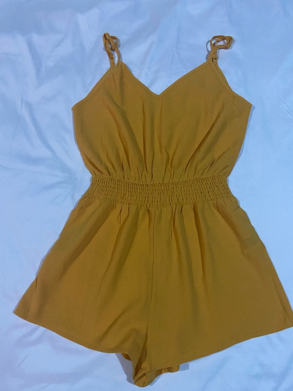 Mustard Smocked-Waist Spaghetti-Strap Romper